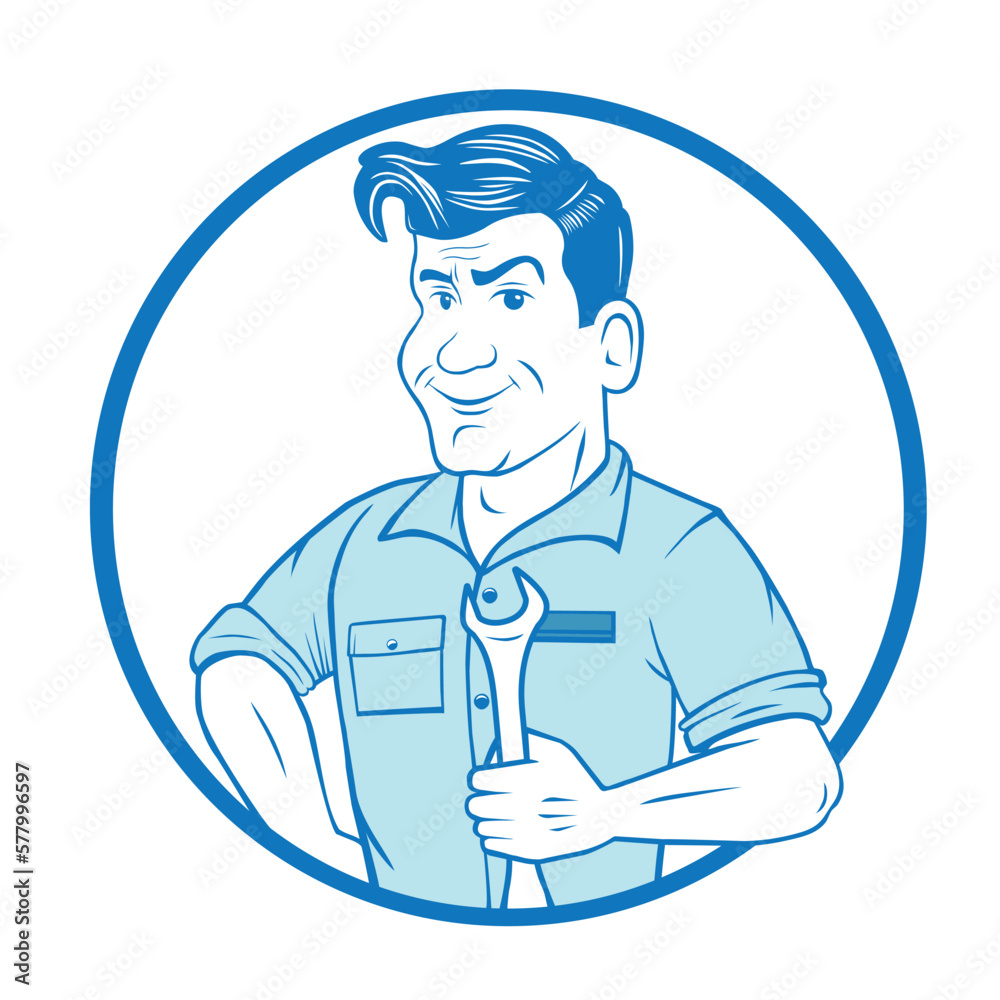 handyman holding the wrench in the form. Vector sticker on white background.