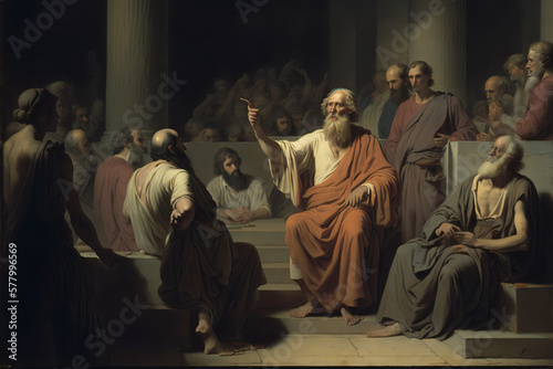 Socrates standing in front of a group of judges and citizens in the agora, as described by Plato. Socrates has a composed and wise expression. generative ai photo