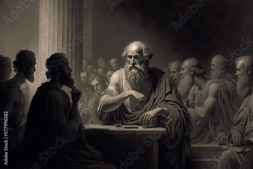 Socrates standing in front of a group of judges and citizens in the agora, as described by Plato. Socrates has a composed and wise expression. generative ai photo