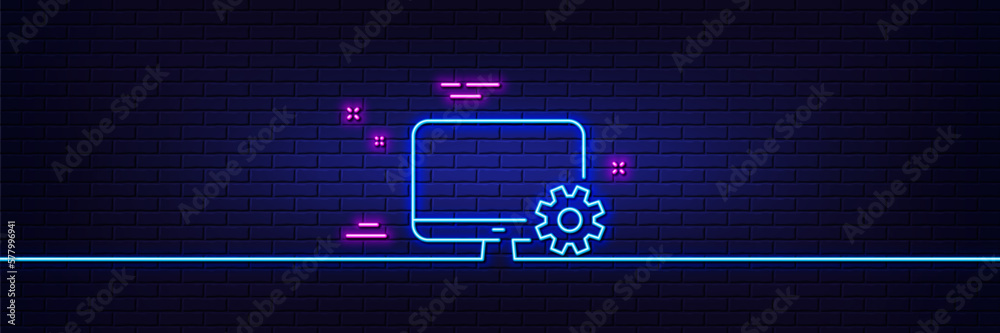 Neon light glow effect. Computer or Monitor icon. Service Cogwheel sign. Personal computer symbol. 3d line neon glow icon. Brick wall banner. Monitor settings outline. Vector Neon light glow effect. Computer or Monitor icon. Service Cogwheel sign. Personal computer symbol. 3d line neon glow icon. Brick wall banner. Monitor settings outline. Vector