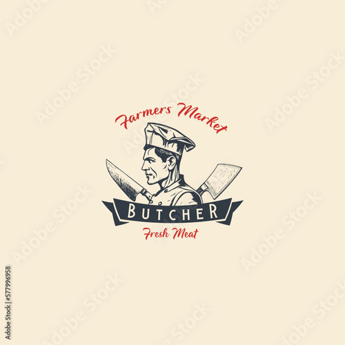 Hand drawing of man butcher in retro engraving style. Template of emblem or logo for grill restaurant, menu of steak house, for packaging in markets and in stores. Vector vintage illustration.