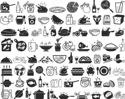 70 food and drink icon set, food and drink icon set of 70 icons black vector