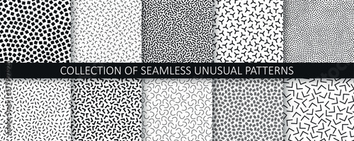 Collection of vector seamless black and white patterns. Trendy abstract monochrome backgrounds. Simple unusual fabric prints, stylish textures.