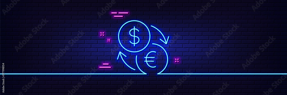 Neon light glow effect. Currency exchange line icon. Dollar to Euro money sign. Convert currency symbol. 3d line neon glow icon. Brick wall banner. Currency exchange outline. Vector Neon light glow effect. Currency exchange line icon. Dollar to Euro money sign. Convert currency symbol. 3d line neon glow icon. Brick wall banner. Currency exchange outline. Vector