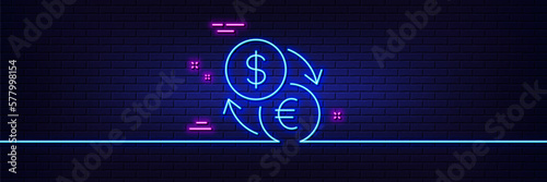 Neon light glow effect. Currency exchange line icon. Dollar to Euro money sign. Convert currency symbol. 3d line neon glow icon. Brick wall banner. Currency exchange outline. Vector