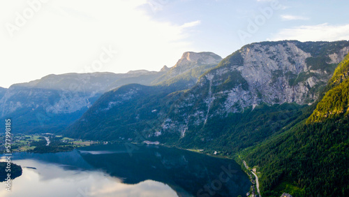 Panorama view of Hallstattersee lake and mountain in daylight. Landscape, Stock photo