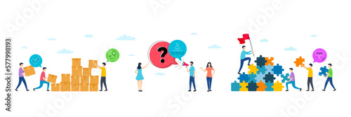 Management, Cyber attack and Tick minimal line icons. People characters with puzzle, delivery parcel. Fake information icons. For web, application, printing. Agent, Card hacking, Confirm check. Vector