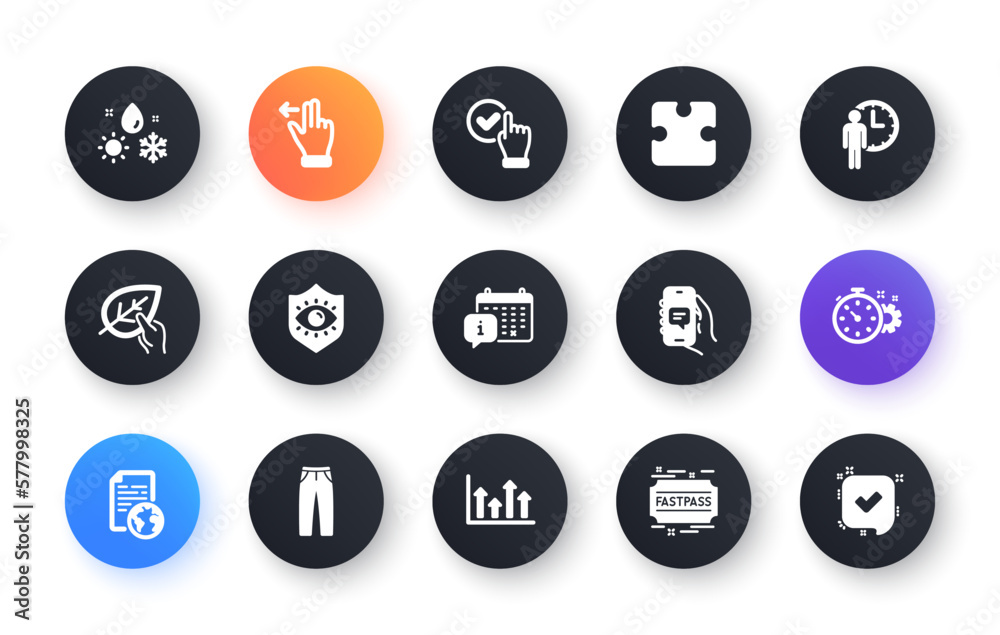 Minimal set of Eye protection, Internet document and Fastpass flat icons for web development. Touchscreen gesture, Puzzle, Checkbox icons. Weather, Organic tested, Calendar web elements. Vector Minimal set of Eye protection, Internet document and Fastpass flat icons for web development. Touchscreen gesture, Puzzle, Checkbox icons. Weather, Organic tested, Calendar web elements. Vector