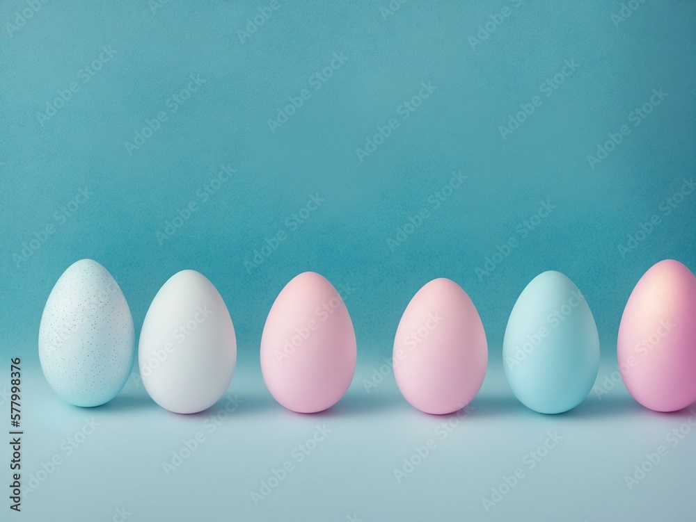 Row of Pretty Pastel Easter Eggs in Light Pink and Blue Colors on Springtime Blue Background Created with Generative AI and Other Techniques Row of Pretty Pastel Easter Eggs in Light Pink and Blue Colors on Springtime Blue Background Created with Generative AI and Other Techniques