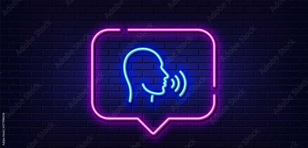 Neon light speech bubble. Human sing line icon. Talk sign. Person speak symbol. Neon light background. Human sing glow line. Brick wall banner. Vector Neon light speech bubble. Human sing line icon. Talk sign. Person speak symbol. Neon light background. Human sing glow line. Brick wall banner. Vector