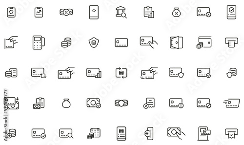 Vector set of linear icons related to finance management, payment and bank services. Mono line pictograms and infographics design elements