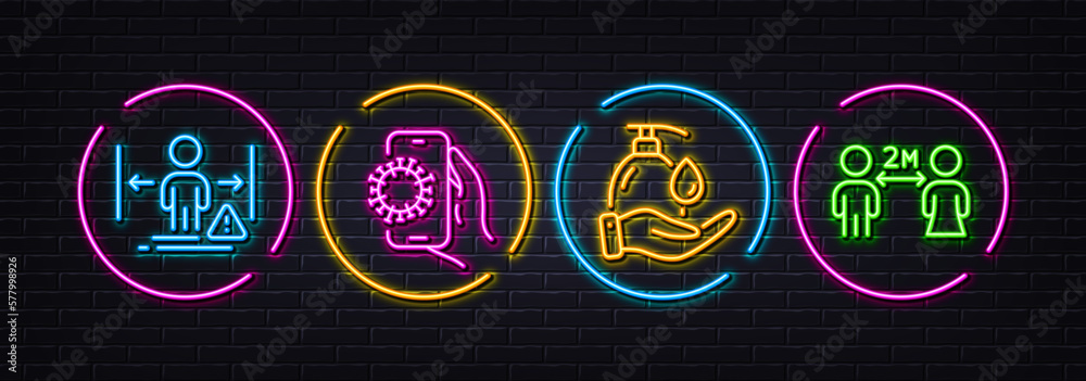 Wash hands, Covid app and Social distance minimal line icons. Neon laser 3d lights. Social distancing icons. For web, application, printing. Liquid soap, Dirty phone, People protection. Vector