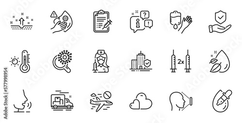 Outline set of Coronavirus research  Apartment insurance and Eye drops line icons for web application. Talk  information  delivery truck outline icon. Vector