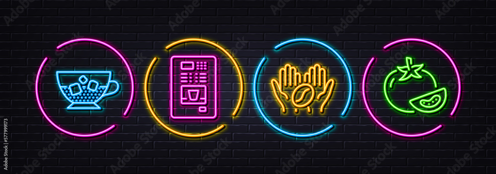 Coffee, Coffee vending and Tomato minimal line icons. Neon laser 3d lights. For web, application, printing. Roasted bean, Ice cubes in beverage, Fresh vegetable. Neon lights buttons. Vector