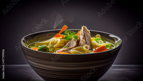 A bowl of chicken and vegetable noodle soup generated by AI photo