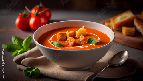 A bowl of tomato soup with crispy croutons on top generated by AI photo