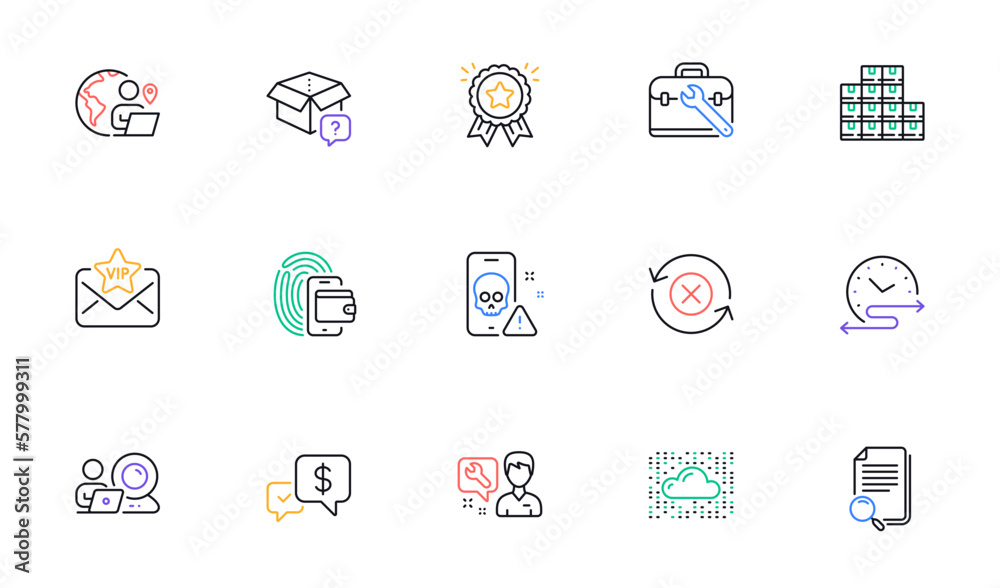 Repairman, Vip mail and Cloud system line icons for website, printing. Collection of Wholesale inventory, Search file, Payment received icons. Loyalty award, Reject refresh. Vector Repairman, Vip mail and Cloud system line icons for website, printing. Collection of Wholesale inventory, Search file, Payment received icons. Loyalty award, Reject refresh. Vector