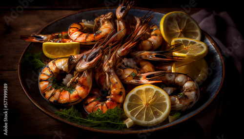 A plate of large grilled shrimp with lemon and garlic generated by AI