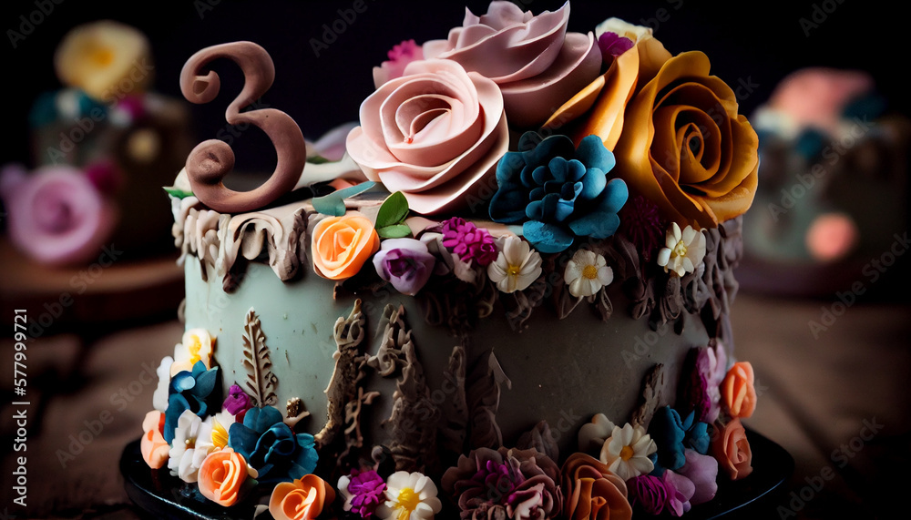 A three-layered birthday cake decorated with sugar flowers generated by AI