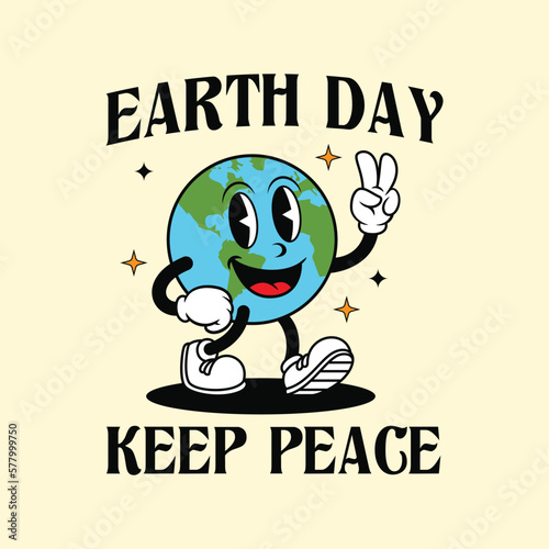 retro cartoon walking earth mascot character smiling with peace hand.earth day.for print or tshirt design. vector illustration
