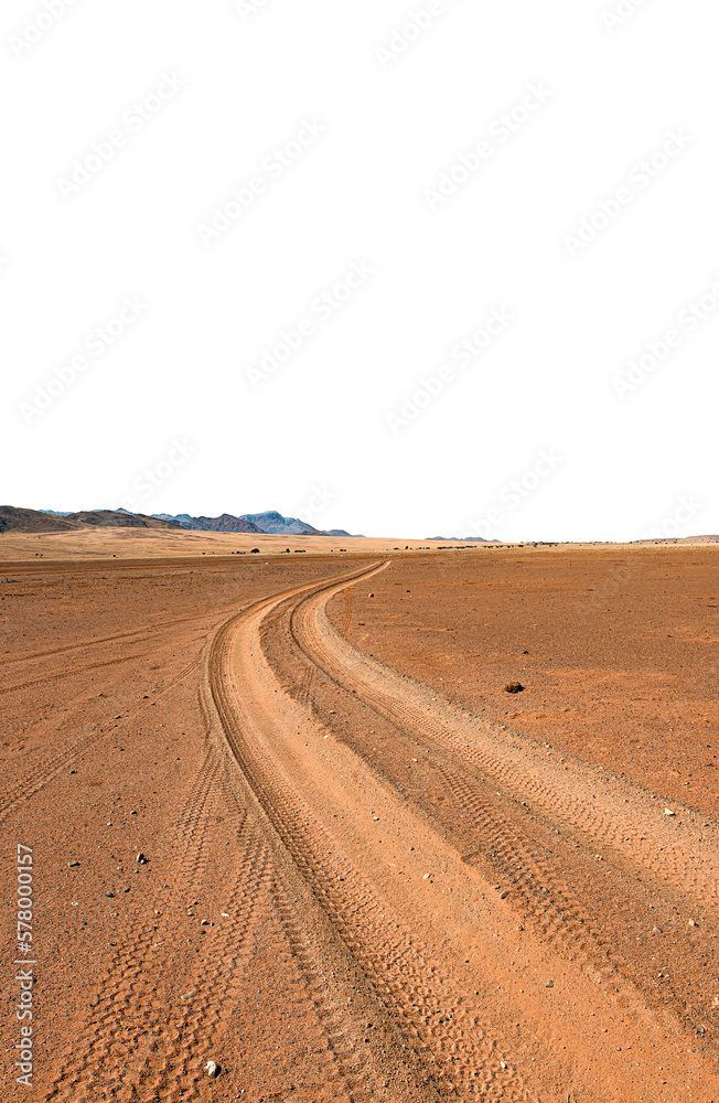 Empty Road to nowhere in the Namibian desert on a transparent background
