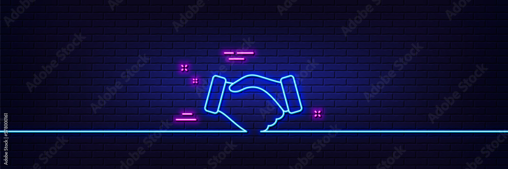 Neon light glow effect. Handshake line icon. Hand gesture sign. Business deal palm symbol. 3d line neon glow icon. Brick wall banner. Handshake outline. Vector Neon light glow effect. Handshake line icon. Hand gesture sign. Business deal palm symbol. 3d line neon glow icon. Brick wall banner. Handshake outline. Vector