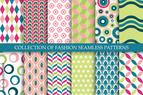 Collection of vector seamless colorful patterns. Trendy fashion bright backgrounds. Abstract unusual creative prints.