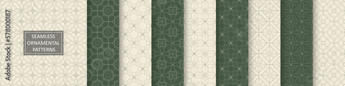 Collection of seamless ornamental luxury patterns. Elegant beige and green geometric oriental backgrounds. Vintage repeatable design.