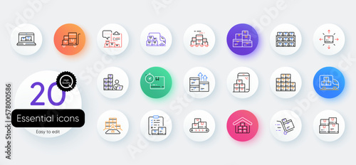 Inventory line icons. Bicolor outline web elements. Warehouse manager, Wholesale stock, Goods checklist. Delivery logistic, Box shelf, Warehouse distribution outline icons. Vector