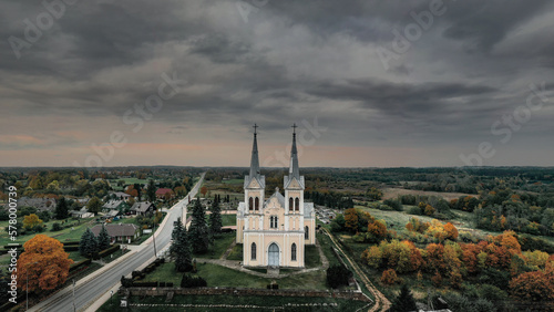 Church in the dark day in Lithuania Obeliai