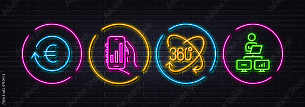 Exchange currency, Full rotation and Analysis app minimal line icons. Neon laser 3d lights. Work home icons. For web, application, printing. Vector