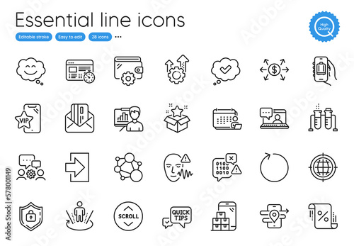 Credit card, Mobile inventory and Integrity line icons. Collection of Wallet, Loyalty program, Loan percent icons. Vip phone, Approved, Accounting web elements. Scroll down. Vector