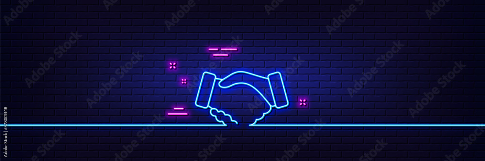 Neon light glow effect. Handshake line icon. Hand gesture sign. Business deal palm symbol. 3d line neon glow icon. Brick wall banner. Handshake outline. Vector - obrazy, fototapety, plakaty 