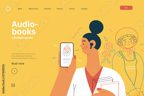 Lifestyle web template -Audiobooks -modern flat vector illustration of a woman listening an audiobook with buds in the tablet application, Victorian Era literary character. People activities concept