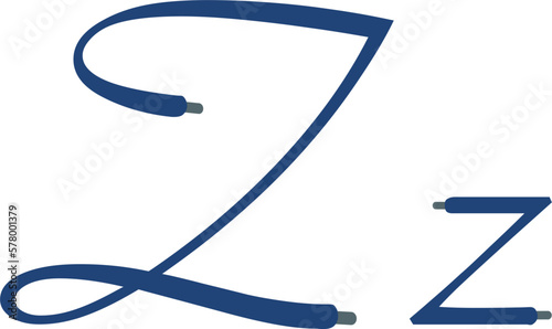 Z letter. Blue Sport alphabet formed by shoe lace. Vector handwritten script font can be used for workout labels, race headlines, fitness posters, delivery cards. Alphabet fonts set.