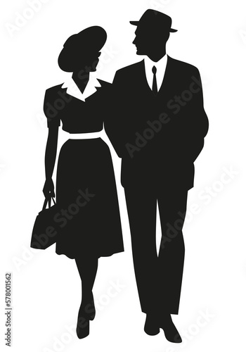 Walking couple silhouettes wearing retro style clothes, isolated on white background