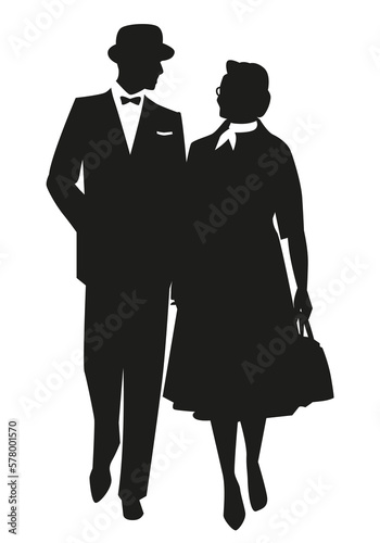 Walking couple silhouettes wearing retro style clothes, isolated on white background