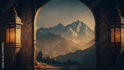 Ramadan Mubarak Mosque Islamic background generative ai