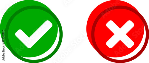 Yes and No or Right and Wrong or Approved and Declined Icons with Check Mark and X Signs in Green and Red Circles. Vector Image.