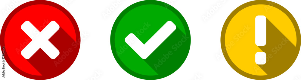 Green Yes or OK Red No or Declined Yellow Problem or Warning Flat Icon Set with Check Mark X Cross and Exclamation Mark Symbols in Circles with 3D Shadow Effect. Vector Image. Green Yes or OK Red No or Declined Yellow Problem or Warning Flat Icon Set with Check Mark X Cross and Exclamation Mark Symbols in Circles with 3D Shadow Effect. Vector Image.