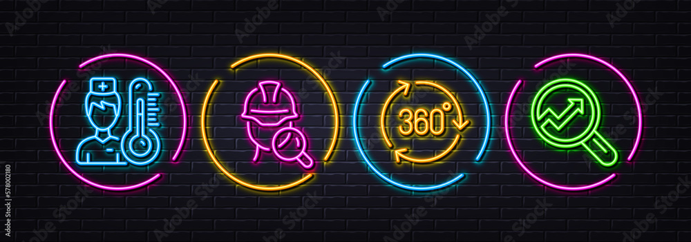 360 degree, Thermometer and Inspect minimal line icons. Neon laser 3d lights. Analytics icons. For web, application, printing. Virtual reality, Temperature control, Builder review. Vector