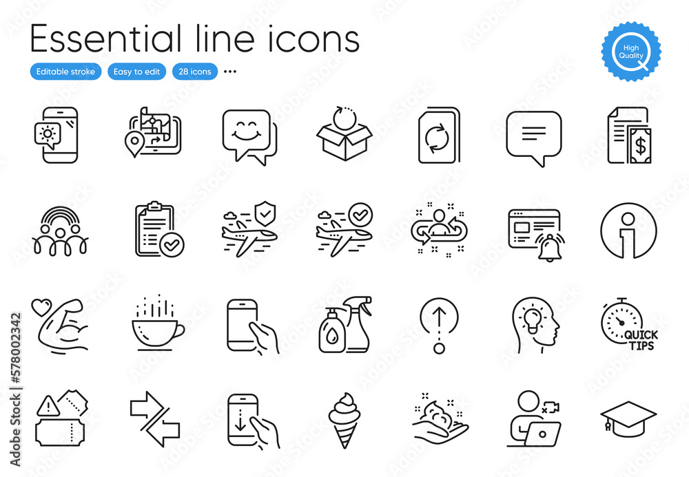 Video conference, Ice cream and Weather phone line icons. Collection of Synchronize, Strong arm, Idea head icons. Skin care, Quick tips, Smile face web elements. Payment, Gps, Coffee cup. Vector