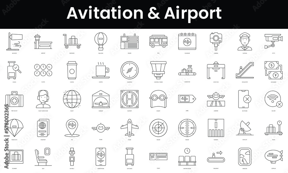 Set of outline avitation and airport icons. Minimalist thin linear web icon set. vector illustration.