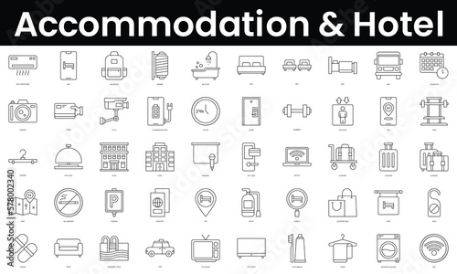 Set of outline accommodation and hotel icons. Minimalist thin linear web icon set. vector illustration.
