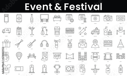 Set of outline event and festival icons. Minimalist thin linear web icon set. vector illustration.