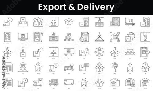Set of outline export and delivery icons. Minimalist thin linear web icon set. vector illustration.