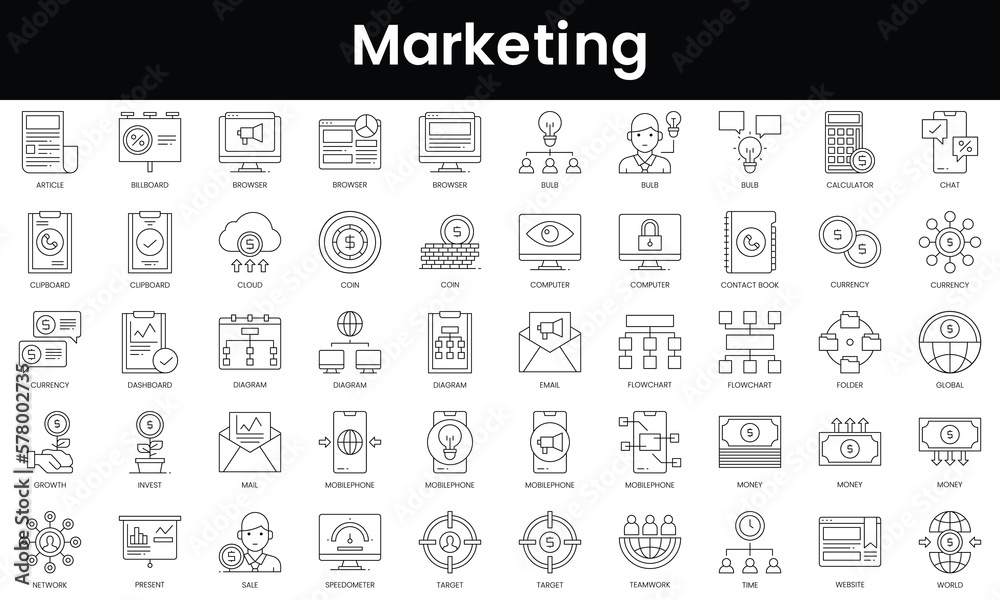 Set of outline marketing icons. Minimalist thin linear web icon set. vector illustration.