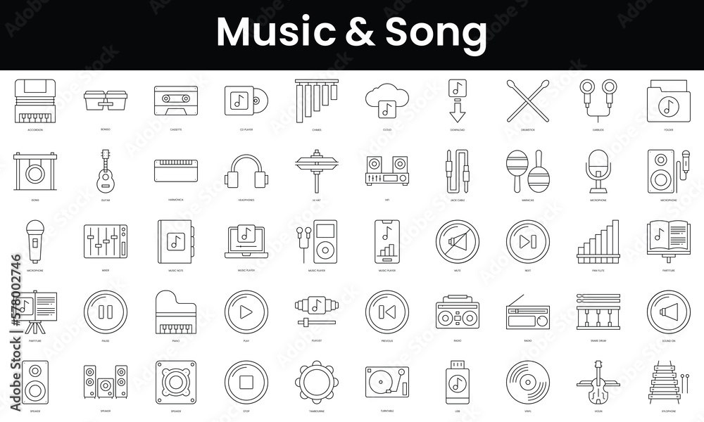 Set of outline music and song icons. Minimalist thin linear web icon set. vector illustration.