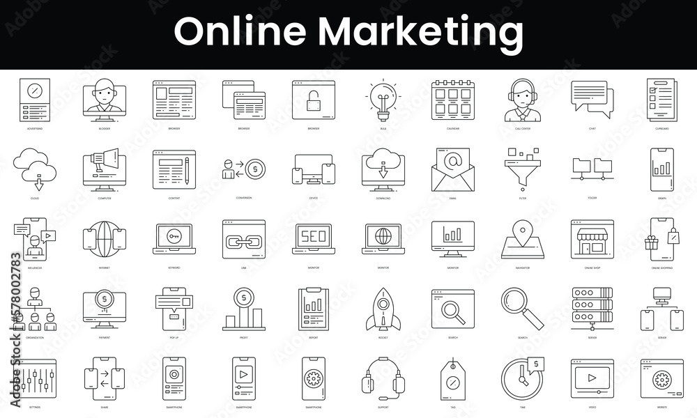 Set of outline online marketing icons. Minimalist thin linear web icon set. vector illustration.