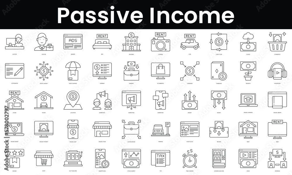 Set of outline passive income icons. Minimalist thin linear web icon set. vector illustration.